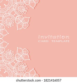 Lace Invitation Card template with mandala element. Doodle line pattern. Decorative openwork filigree art background for Wedding, Valentine's day greeting card, Birthday Invitation