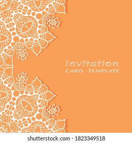 Lace Invitation Card template with mandala element. Doodle line pattern. Decorative openwork filigree art background for Wedding, Valentine's day greeting card, Birthday Invitation