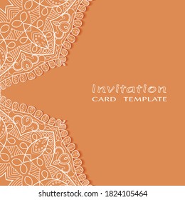 Lace Invitation Card template with mandala element. Doodle line pattern. Decorative openwork filigree art background for Wedding, Valentine's day greeting card, Birthday Invitation