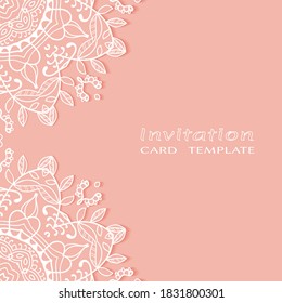 Lace Invitation Card template with mandala element. Doodle line pattern. Decorative openwork filigree art background for Wedding, Valentine's day greeting card, Birthday Invitation