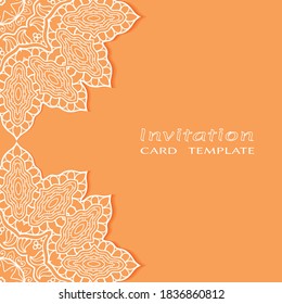 Lace Invitation Card template with mandala element. Doodle line pattern. Decorative openwork filigree art background for Wedding, Valentine's day greeting card, Birthday Invitation
