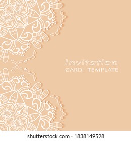 Lace Invitation Card template with mandala element. Doodle line pattern. Decorative openwork filigree art background for Wedding, Valentine's day greeting card, Birthday Invitation