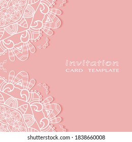 Lace Invitation Card template with mandala element. Doodle line pattern. Decorative openwork filigree art background for Wedding, Valentine's day greeting card, Birthday Invitation
