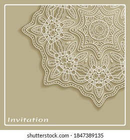 Lace Invitation Card template with mandala element. Doodle line pattern. Decorative openwork filigree art background for Wedding, Valentine's day greeting card, Birthday Invitation