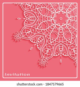 Lace Invitation Card template with mandala element. Doodle line pattern. Decorative openwork filigree art background for Wedding, Valentine's day greeting card, Birthday Invitation