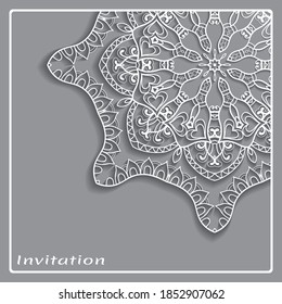 Lace Invitation Card template with mandala element. Doodle line pattern. Decorative openwork filigree art background for Wedding, Valentine's day greeting card, Birthday Invitation