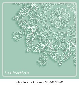 Lace Invitation Card template with mandala element. Doodle line pattern. Decorative openwork filigree art background for Wedding, Valentine's day greeting card, Birthday Invitation