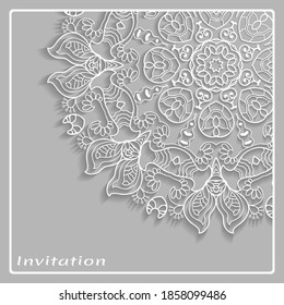 Lace Invitation Card template with mandala element. Doodle line pattern. Decorative openwork filigree art background for Wedding, Valentine's day greeting card, Birthday Invitation