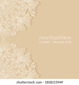 Lace Invitation Card template with mandala element. Doodle line pattern. Decorative openwork filigree art background for Wedding, Valentine's day greeting card, Birthday Invitation