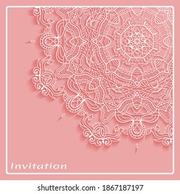 Lace Invitation Card template with mandala element. Doodle line pattern. Decorative openwork filigree art background for Wedding, Valentine's day greeting card, Birthday Invitation