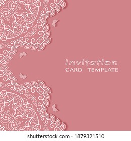 Lace Invitation Card template with mandala element. Doodle line pattern. Decorative openwork filigree art background for Wedding, Valentine's day greeting card, Birthday Invitation