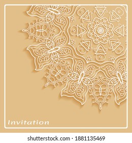 Lace Invitation Card template with mandala element. Doodle line pattern. Decorative openwork filigree art background for Wedding, Valentine's day greeting card, Birthday Invitation