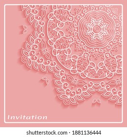 Lace Invitation Card template with mandala element. Doodle line pattern. Decorative openwork filigree art background for Wedding, Valentine's day greeting card, Birthday Invitation