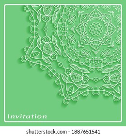 Lace Invitation Card template with mandala element. Doodle line pattern. Decorative openwork filigree art background for Wedding, Valentine's day greeting card, Birthday Invitation