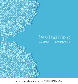 Lace Invitation Card template with mandala element. Doodle line pattern. Decorative openwork filigree art background for Wedding, Valentine's day greeting card, Birthday Invitation