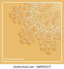 Lace Invitation Card template with mandala element. Doodle line pattern. Decorative openwork filigree art background for Wedding, Valentine's day greeting card, Birthday Invitation