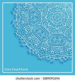 Lace Invitation Card template with mandala element. Doodle line pattern. Decorative openwork filigree art background for Wedding, Valentine's day greeting card, Birthday Invitation