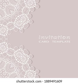 Lace Invitation Card template with mandala element. Doodle line pattern. Decorative openwork filigree art background for Wedding, Valentine's day greeting card, Birthday Invitation