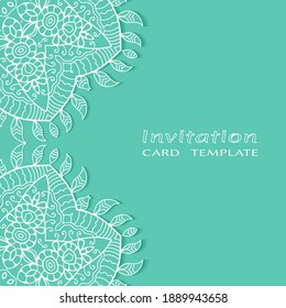 Lace Invitation Card template with mandala element. Doodle line pattern. Decorative openwork filigree art background for Wedding, Valentine's day greeting card, Birthday Invitation