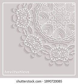 Lace Invitation Card template with mandala element. Doodle line pattern. Decorative openwork filigree art background for Wedding, Valentine's day greeting card, Birthday Invitation