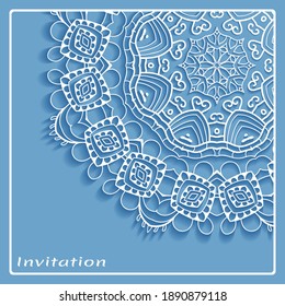 Lace Invitation Card template with mandala element. Doodle line pattern. Decorative openwork filigree art background for Wedding, Valentine's day greeting card, Birthday Invitation