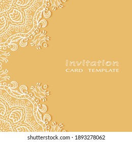 Lace Invitation Card template with mandala element. Doodle line pattern. Decorative openwork filigree art background for Wedding, Valentine's day greeting card, Birthday Invitation