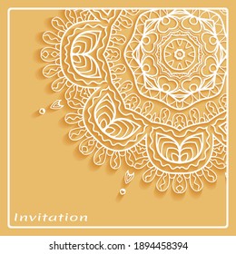 Lace Invitation Card template with mandala element. Doodle line pattern. Decorative openwork filigree art background for Wedding, Valentine's day greeting card, Birthday Invitation