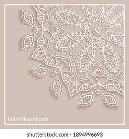 Lace Invitation Card template with mandala element. Doodle line pattern. Decorative openwork filigree art background for Wedding, Valentine's day greeting card, Birthday Invitation