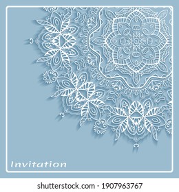 Lace Invitation Card template with mandala element. Doodle line pattern. Decorative openwork filigree art background for Wedding, Valentine's day greeting card, Birthday Invitation