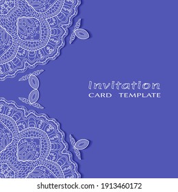 Lace Invitation Card template with mandala element. Doodle line pattern. Decorative openwork filigree art background for Wedding, Valentine's day greeting card, Birthday Invitation