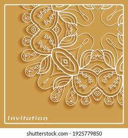 Lace Invitation Card template with mandala element. Doodle line pattern. Decorative openwork filigree art background for Wedding, Valentine's day greeting card, Birthday Invitation