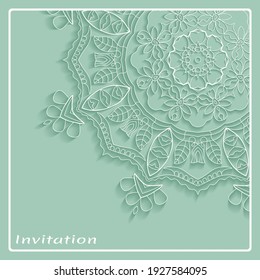 Lace Invitation Card template with mandala element. Doodle line pattern. Decorative openwork filigree art background for Wedding, Valentine's day greeting card, Birthday Invitation