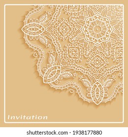 Lace Invitation Card template with mandala element. Doodle line pattern. Decorative openwork filigree art background for Wedding, Valentine's day greeting card, Birthday Invitation