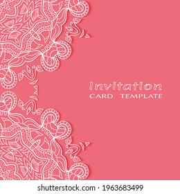 Lace Invitation Card template with mandala element. Doodle line pattern. Decorative openwork filigree art background for Wedding, Valentine's day greeting card, Birthday Invitation