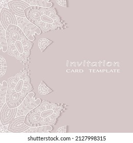 Lace Invitation Card template with mandala element. Doodle line pattern. Decorative openwork filigree art background for Wedding, Valentine's day greeting card, Birthday Invitation