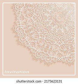 Lace Invitation Card template with mandala element. Doodle line pattern. Decorative openwork filigree art background for Wedding, Valentine's day greeting card, Birthday Invitation