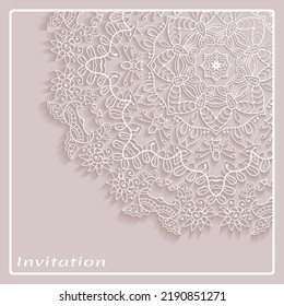 Lace Invitation Card template with mandala element. Doodle line pattern. Decorative openwork filigree art background for Wedding, Valentine's day greeting card, Birthday Invitation