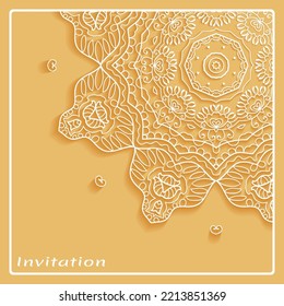 Lace Invitation Card template with mandala element. Doodle line pattern. Decorative openwork filigree art background for Wedding, Valentine's day greeting card, Birthday Invitation