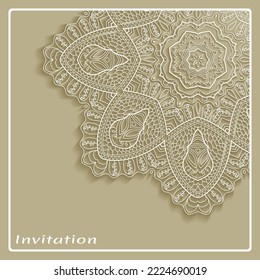 Lace Invitation Card template with mandala element. Doodle line pattern. Decorative openwork filigree art background for Wedding, Valentine's day greeting card, Birthday Invitation