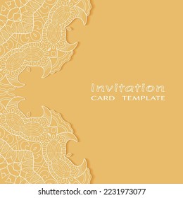 Lace Invitation Card template with mandala element. Doodle line pattern. Decorative openwork filigree art background for Wedding, Valentine's day greeting card, Birthday Invitation