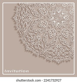 Lace Invitation Card template with mandala element. Doodle line pattern. Decorative openwork filigree art background for Wedding, Valentine's day greeting card, Birthday Invitation