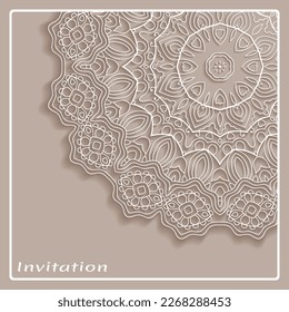 Lace Invitation Card template with mandala element. Doodle line pattern. Decorative openwork filigree art background for Wedding, Valentine's day greeting card, Birthday Invitation