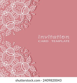 Lace Invitation Card template with mandala element. Doodle line pattern. Decorative openwork filigree art background for Wedding, Valentine's day greeting card, Birthday Invitation