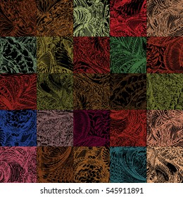 Lace like square details collected into dark colorful patchwork