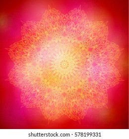 Lace mandala on red background. Vintage decorative elements. Islam, Arabic, Indian, ottoman motifs. Yoga logo, meditation poster. Unusual flower shape. Oriental vector.