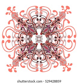 Lace mandala. Pink curly ornament. Beautiful abstract elegant psychedelic sign. Oriental lacy motif.