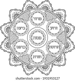 Lace mandala plate of traditional Passover meal. Black on transparent outline mandala with  Hebrew text Passover, egg, shank bone, charoset, horse-radish, parsley, bitter herbs