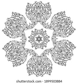 Lace mandala round beautiful zentangle, floral ornament in a circle with black blank outline, pattern for coloring