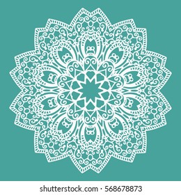 Lace mandala, round symmetrical openwork pattern, lacy doily, decorative snowflake, arabic ornament, indian ornament, embossed pattern, decorative design element, vector