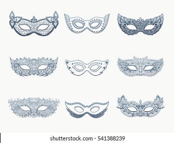 Lace mask mardi gras. Mask for carnival. Henna Paisley Mehndi Doodles set. Abstract Floral mask zentangle